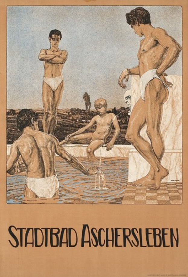 Plakat wirbt für ein Schwimmbad in Aschersleben, Deutschland, mit Menschen im Wasser und Text über die Einrichtungen des Schwimmbads.