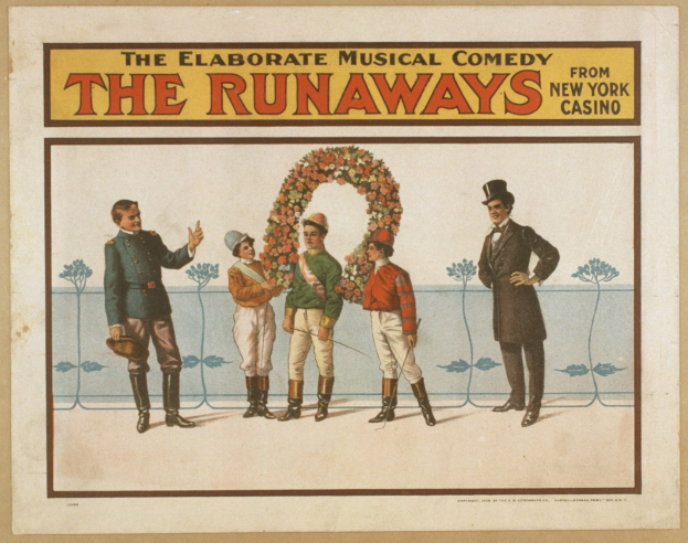 Plakat für "Elaborate Musical Comedy Runaways" aus dem New Yorker Casino, das eine Gruppe von Menschen in einer Reihe zeigt, wobei einer einen Blumenstrauß hält, und Text, der die Komödie beschreibt.