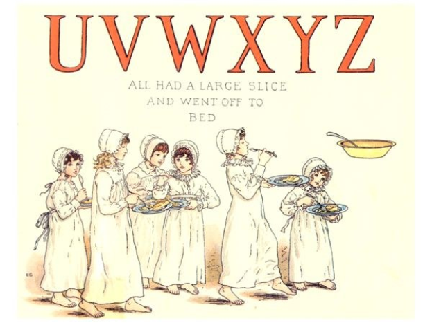 Gruppe von Menschen mit Tellern voller Essen, eine Schüssel und Löffel rechts, mit dem Text "Uwxyz - Alle hatten ein großes Stück und gingen ins Bett" oben.