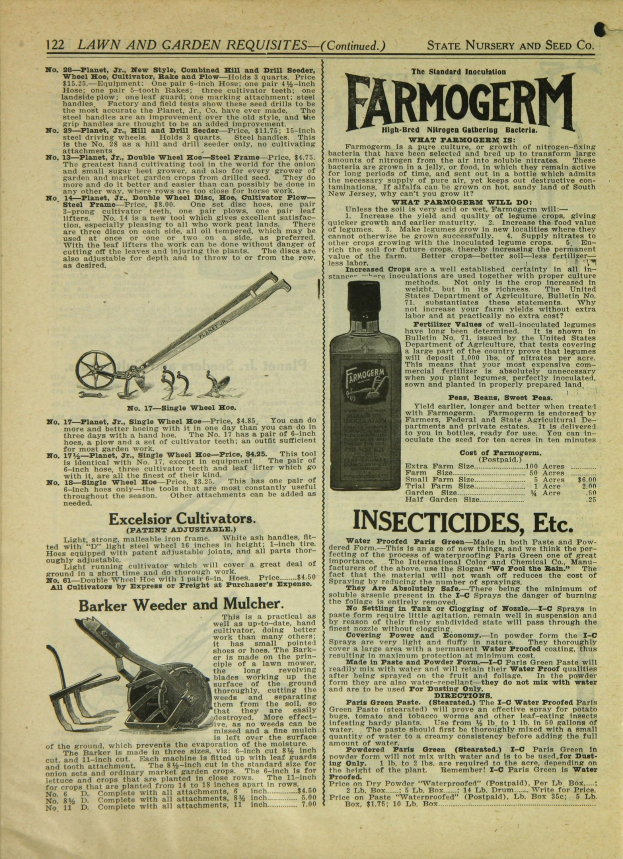 Altes Buchcover mit einer Flasche Farmogerm-Insektizid mit klarer Flüssigkeit und deutlicher schwarzer Schrift auf dem Etikett, vor einem hellblauen Hintergrund mit weißem Rand.