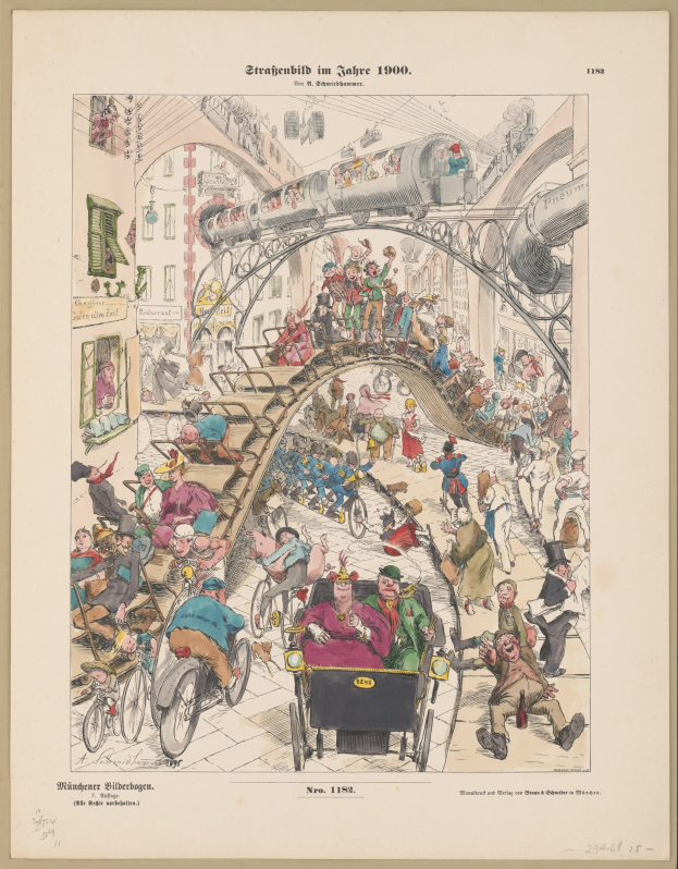 Schwarze und weiße Illustration einer überfüllten Bahnstation im Jahr 1900, eingerahmt von einem Photo-Rahmen, mit Menschen, die besorgt auf den Zug oder den Boden schauen.