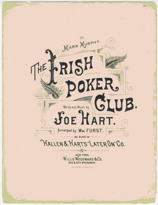 Ein gerahmtes Poster mit 'The Irish Poker Club' in fetter schwarzer Schrift auf einem weißen Hintergrund, eingerahmt von einer dünnen schwarzen Linie und mit einer bunten Kleeblatt-Illustration.