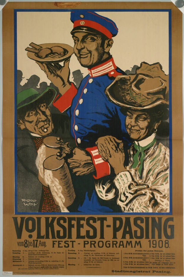 Plakat für das Volksfest-Pasing Festival 1908 mit einem Mann in rot-weiß gestreiftem Hemd und einer Frau in blauem Kleid, die nebeneinander stehen, vor einem hellgelben Hintergrund mit schwarzer Schrift.