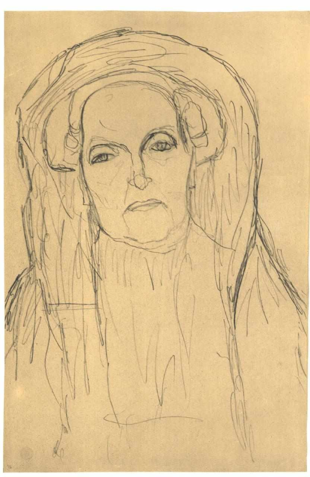 Ein Selbstbildnis einer Frau mit langen Haaren, gezeichnet von Egon Schiele, mit sanftem Ausdruck, fließendem Haar und entspannter Haltung.