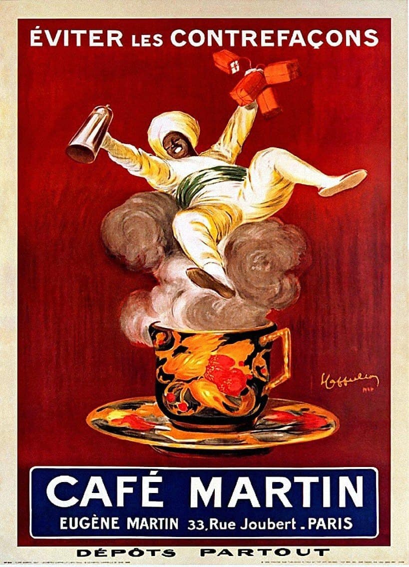 Plakat für Café Martin in Paris, das Kaffee und Getränke bewirbt, mit einer Person, die eine Tasse hält.