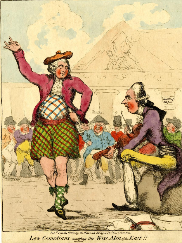 Zeichnung eines Mannes in einem Kilt und einer Frau in einem Kleid, die vor einer Menge mit einem Gebäude und Wolken im Hintergrund stehen, mit Text unten, der 'Niedrige Komiker amüsieren die weisen Männer des Ostens' liest.