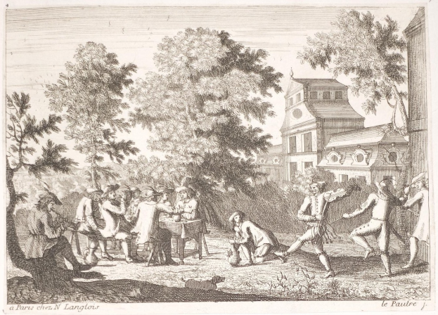 Gruppe von Menschen, die in einem Park ein Spiel spielen, mit Bäumen und einem Gebäude im Hintergrund, Text unten auf dem Bild.