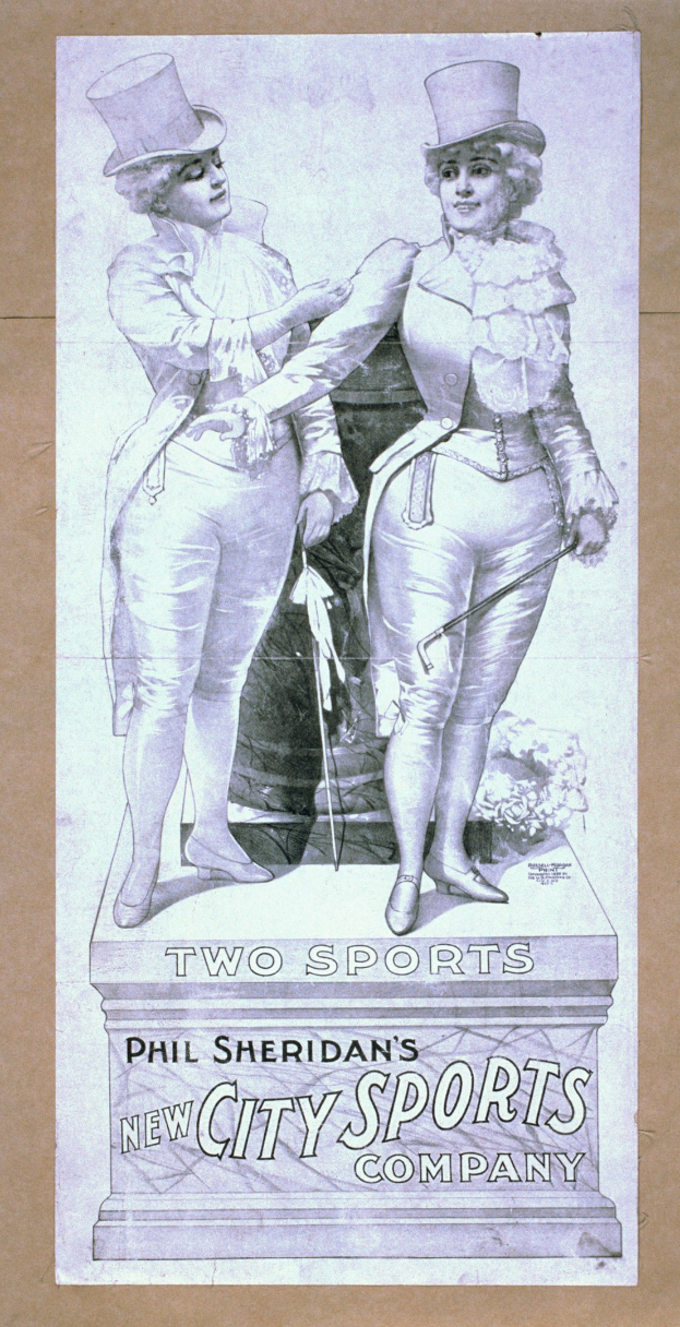 Plakat für die neue Stadt-Sportfirma von Phil Sheridan mit zwei Personen nebeneinanderstehend und Text, der die Firma und Dienstleistungen beschreibt.