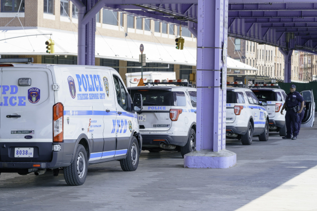 Eine Gruppe von Polizeiwagen auf einer Stadtstraße geparkt mit einer Person in der Nähe, vor dem Hintergrund von Gebäuden, Pfählen, Verkehrsampeln und einer Brücke.