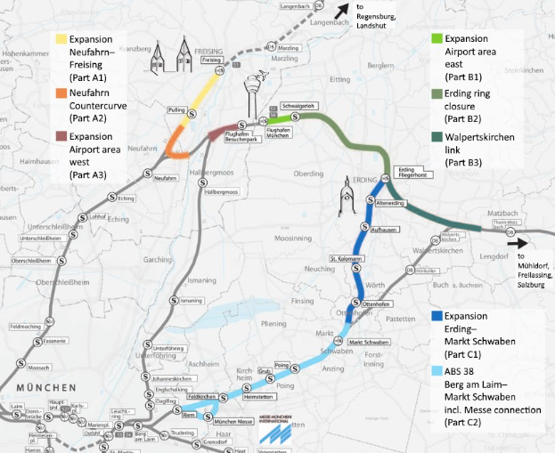 Eine detaillierte Stadtkarte, die die Bahnroute von München nach Frankfurt mit markierten Haltepunkten, Entfernung und zusätzlichen Bahninformationen hervorhebt.