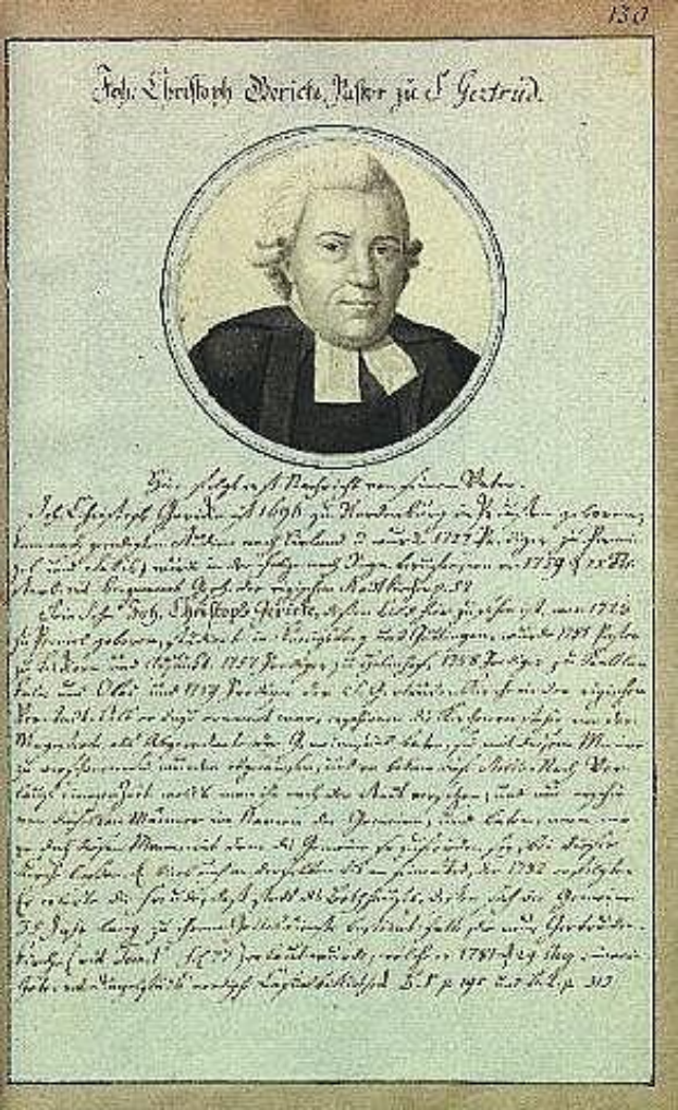 Porträt von Johann Wolfgang von Goethe in einer schwarzen Robe, identifiziert als erster deutscher Bundeskanzler der Bundesrepublik Deutschland, auf einem alten Dokument aus dem Jahr 1789 mit sichtbarem Text.