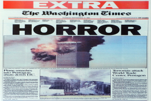 Ein Nachrichtenartikel mit Bildern von Gebäuden, Feuer, Rauch und dem Himmel, begleitet von Text.