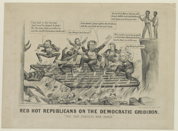 Eine Zeichnung auf Papier zeigt rote Figuren, die als 'Republikaner' auf einem blauen Gridiron beschriftet sind, mit übertriebenen wütenden Gesichtern und erhobenen Armen, begleitet von fettem schwarzem Text.