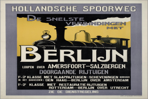 Ein Plakat, das eine Bahnfahrt in Berlin, Deutschland, ankündigt und ein Bild einer Bahn mit Text darauf zeigt.
