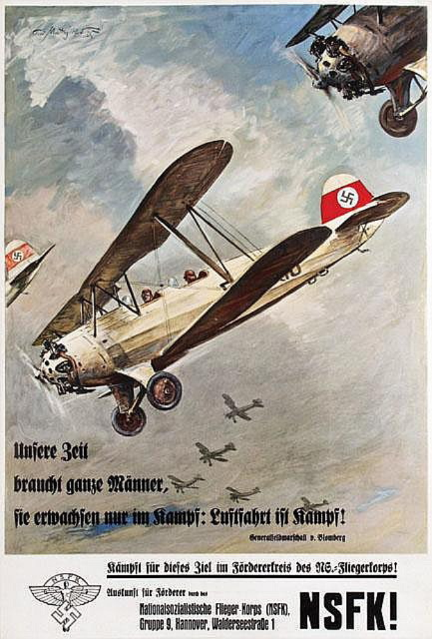 Ein deutsches Weltkriegs-Propagandaplakat mit einer Gruppe von Kampfflugzeugen im Flug, mit Text über die Flugzeuge und ihre Fähigkeiten.
