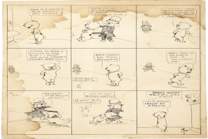 Eine Comicseite mit einem Cartoon-Mann und einer Frau in einem Gespräch, wobei der Mann gestikulierend zu erklären scheint, auf einem Stück Papier gezeichnet.