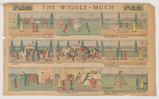 Bunte, verspieltere Illustrationen von Menschen, Tieren und Gegenständen mit fettem Text auf einem Papiercomic-Strip mit dem Titel "wiggle-much."