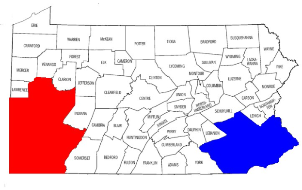 Eine Karte von Pennsylvania, die Wahlergebnisse zeigt, mit Landkreisen, die in Rot und Blau hervorgehoben sind, mit der Überschrift "Pennsylvania Wahl-Ergebnisse."