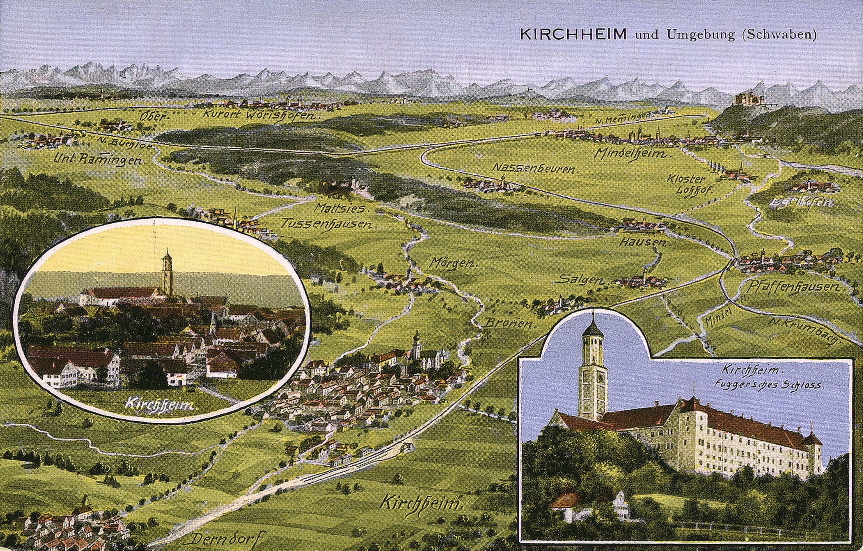 Schwarze und weiße Postkarte von Kirchheim und Umgebung, Deutschland, zeigt eine Karte der Stadt mit Gebäuden, Bäumen, Hügeln und Himmel, begleitet von Text.