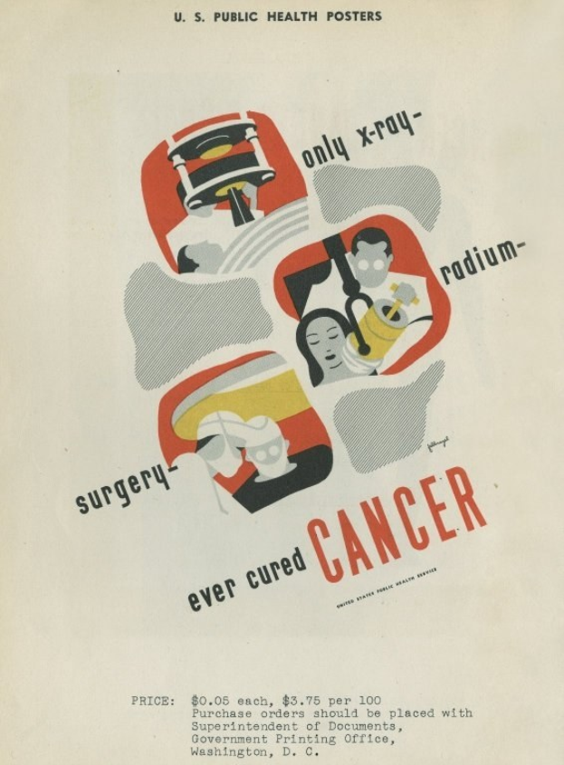 Plakat mit einem Mann in einem weißen Kittel und Stethoskop mit "Chirurgie Hat Krebs Nie Geheilt" in fetter weißer Schrift auf einem hellrosa Hintergrund, der eine entschlossene Miene ausdrückt.