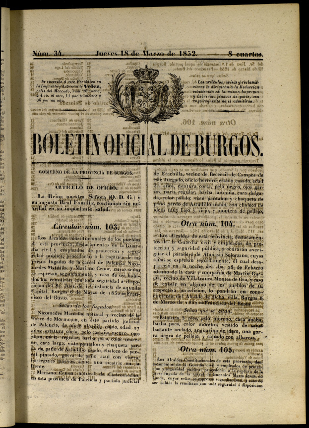 Offenes Buch mit schwarzem Hintergrund, das ein Wappen, Text und ein offizielles Logo für Burgos zeigt