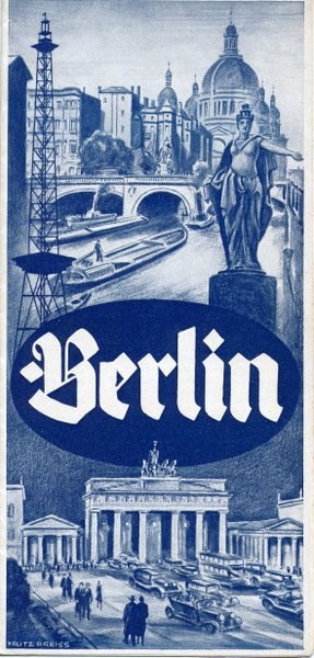 Plakatwerbung für Berlin, Deutschland, mit einer Statue, Gebäuden, einem Turm, Menschen, Fahrzeugen auf einer Straße und einer Brücke, mit Text zur Stadtinformation.