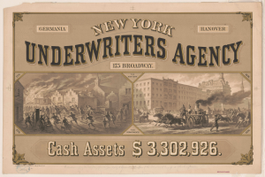 Eine alte Werbung für die New York Underwriters Agency, die Illustrationen von Menschen, Pferden und Gebäuden zeigt und die Dienstleistungen der Agentur bewirbt.