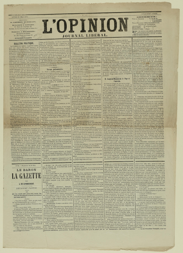 Alte Zeitung mit vergilbten gelben Seiten und der Überschrift "L'opinion" in schwarzer Tinte.