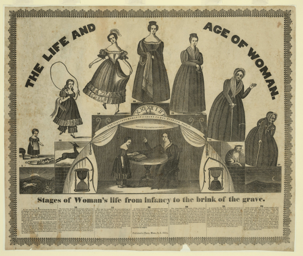 Eine farbenfrohe Papierreproduktion, die die Phasen des Lebens einer Frau von der Kindheit bis ins hohe Alter zeigt, mit fetter Schrift und detaillierten Elementen.