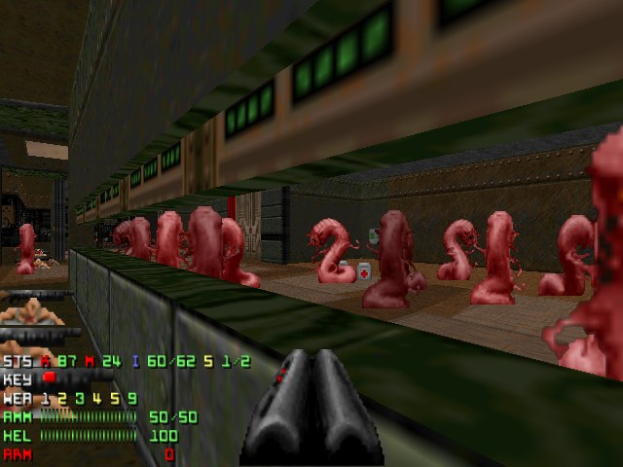 Screenshot von *Doom II*, das einen Raum voller animierter Zombies, eine Waffe unten und Statusinformationen einschließlich Gesundheit und Munition auf der linken Seite zeigt.