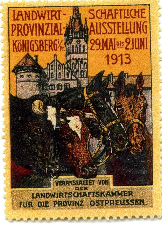 Deutsche Briefmarke aus etwa 1913 mit drei Kühen und einem Schloss, darauf der Text 'Landwirtschaftskammer' gedruckt.