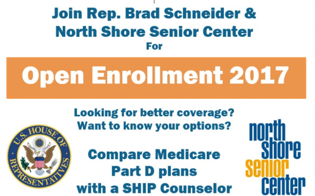 Plakat zur Anmeldung eines offenen Enrollment-Events mit dem Kongressabgeordneten Brad Schneider und dem North Shore Senior Center, das Details des Events und ein Logo enthält.