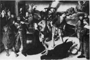 Ein Schwarz-Weiß-Gemälde, das eine Gruppe von Menschen in einem Raum zeigt, einige stehen, einige liegen auf dem Boden, mit einem Rad und einer Wand im Hintergrund und dem Text "KÜNSTLER - Der Tod des verlorenen Sohns" unten.