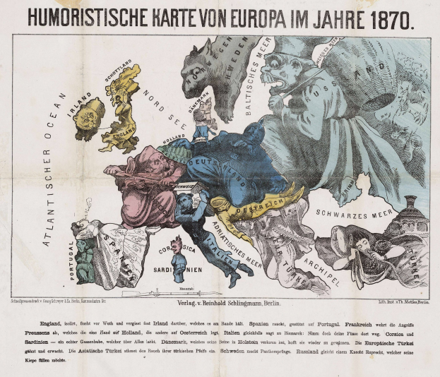 Plakat mit dem Titel "Humoristische Karte von Europa im Jahre 1870" mit einer Karte von Europa umgeben von Cartoons.