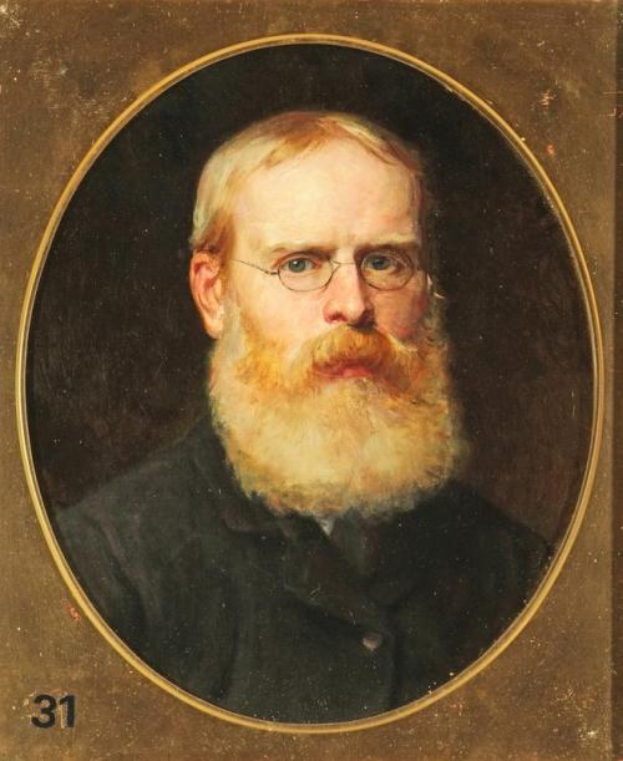 Portrait eines Mannes mit langem Bart und Brille, der ein weißes Hemd und dunkle Hosen trägt, Hände verschränkt, ernster Gesichtsausdruck, gemalt auf einer Rahmenleinwand mit Zahlen auf der linken Seite.