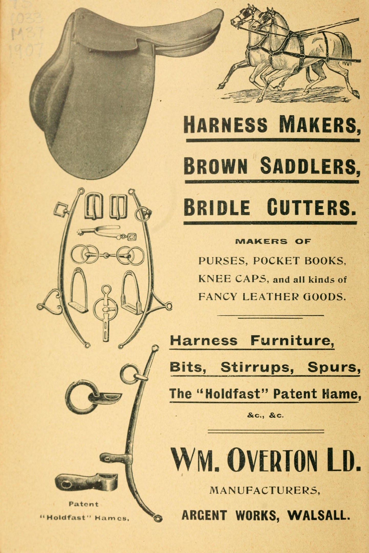 Anzeige mit einem Pferd und Sattel, die die Promotion von Sattelmacher, braune Sattler und Zaumschmiede zeigt.