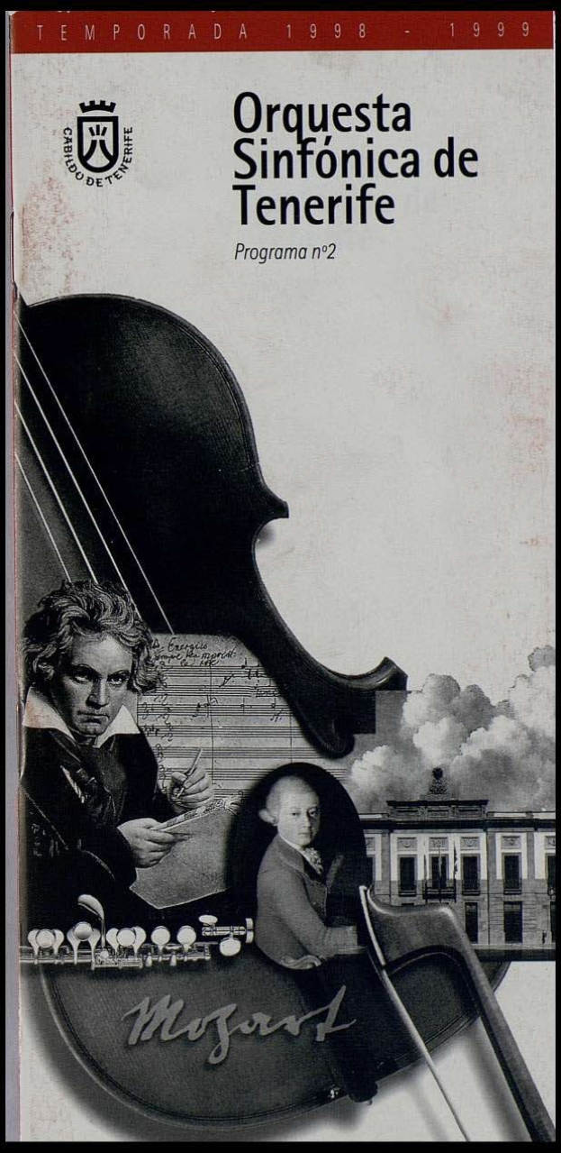 Plakat für Mozarts Symphonie Nr. 2 D-Moll, Op. 63, mit zwei Geigern im Vordergrund und einem Gebäude im Hintergrund, sowie dem Text "Orquesta Sinfónica de Tenerife Programa Nº 2".