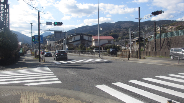 Stadtstraße mit fahrenden Autos, Zebrastreifen, Strommasten mit Drähten, Ampeln auf Masten, Gebäude mit Fenstern, Bäume, ferne Hügel und ein bewölkter Himmel.