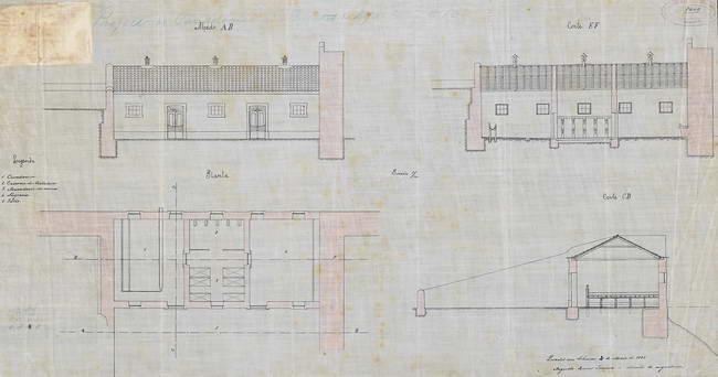 Ein detailliertes architektonisches Zeichnung eines mehrfenstrigen Schulgebäude-Siteplans mit begleitendem Text und Layout-Spezifikationen auf Papier.