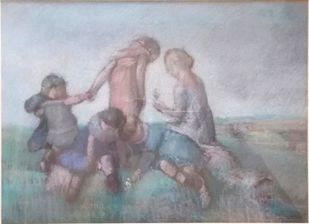 Malerei von Kindern beim Spielen auf einem Feld, gerahmt, mit leuchtenden, fröhlichen Farben und spielerischen Gesichtern.