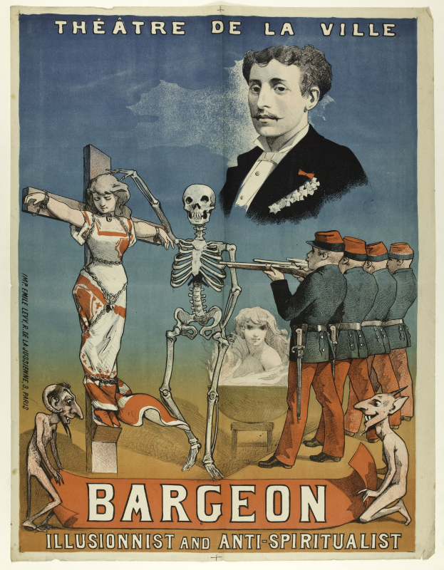 Plakat für das Théâtre de la Ville in Paris mit einer Gruppe verzweifelter Menschen, einem zentralen Skelett mit ausgestreckten Armen und fetter Schrift, die "Bargeon Illusionist und Anti-Spiritualist" lautet.