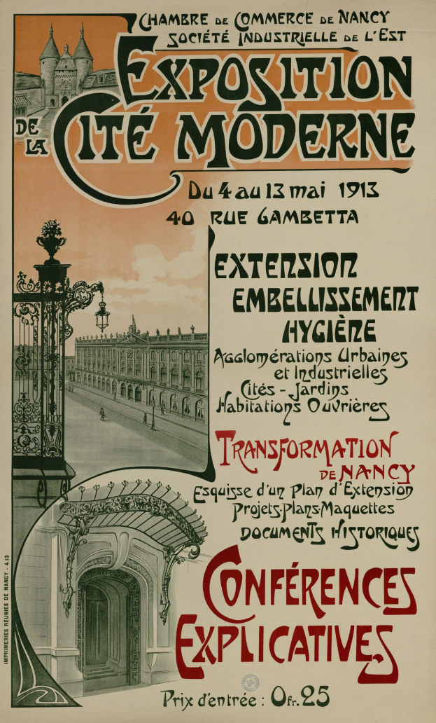 Plakat für eine Ausstellung in Cite Moderne mit einem Bild eines Gebäudes, eines Tors und eines bewölkten Himmels mit begleitendem Text.