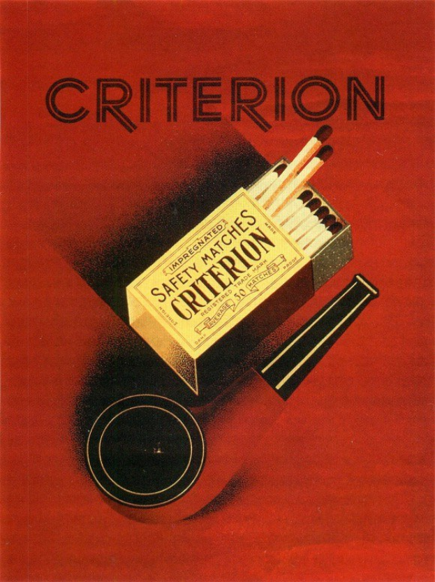 Ein rotes Buch mit einer Schachtel "Criterion Safety Matches" darauf, das Text auf dem Cover enthält.