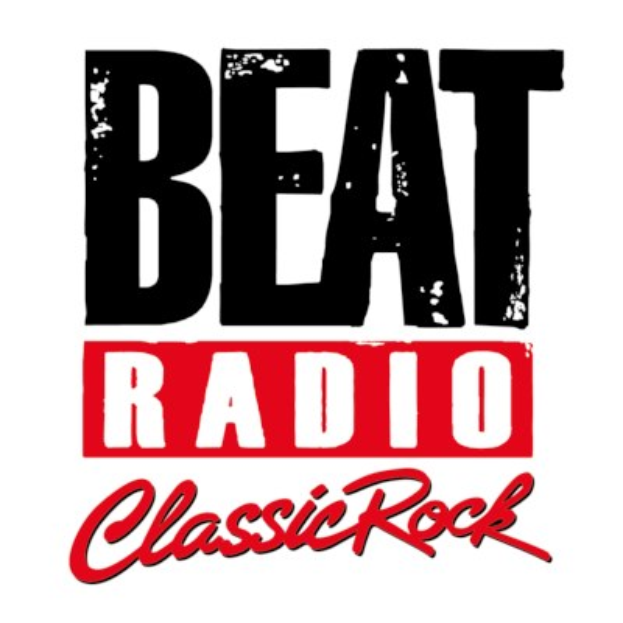 Plakat mit 'Beat Radio Classic Rock' in fetter schwarzer Schrift auf einem weißen Hintergrund, eingerahmt von einem hellgelben Rand und einem schwarzen Rahmen.