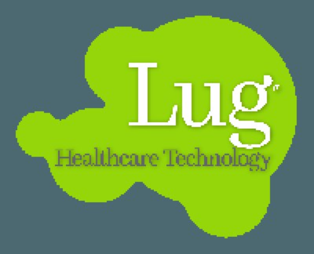 Logo von Lug Healthcare Technology: fette schwarze Schrift in der Mitte eines weißen Hintergrunds, umgeben von einem blauen Kreis mit weißer Umrandung.