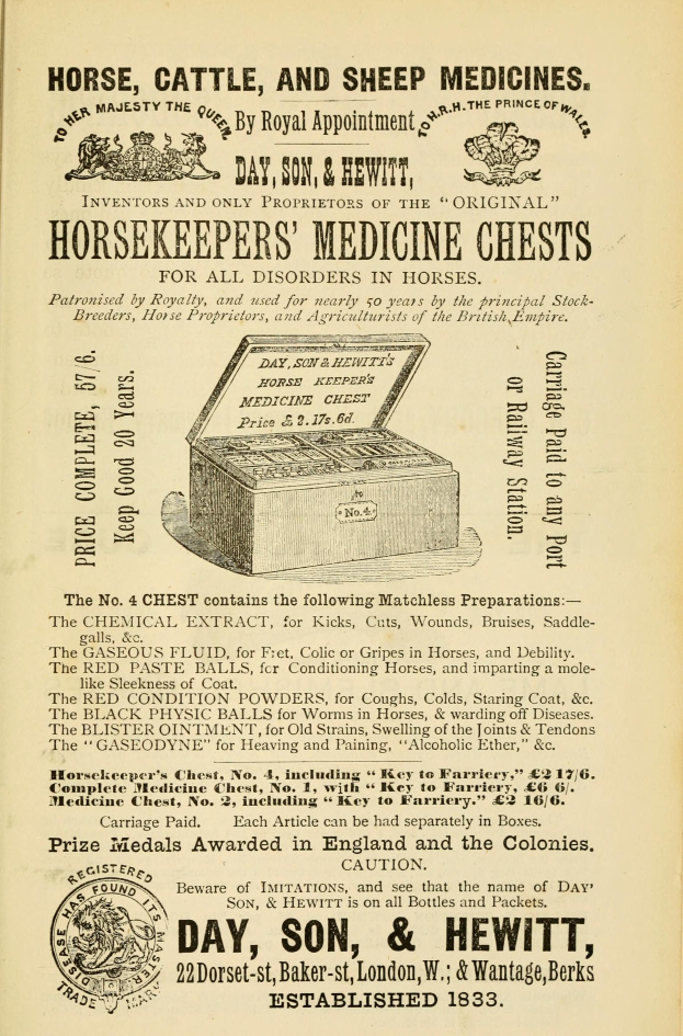 Ein altes Buchcover mit einem Medizinbehälter und der Aufschrift "Pferd-, Rinder- und Schafmedizin".