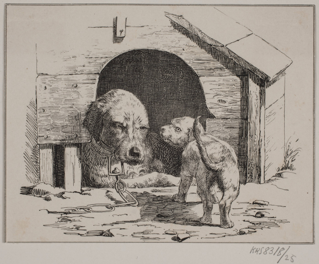 Schwarze und weiße Zeichnung von zwei Hunden vor einem Hundehaus, einer angekettet, mit Text unten.