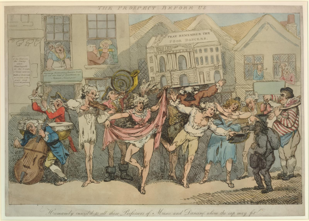 Ein Plakat, das eine Gruppe von Menschen zeigt, die vor einem Gebäude tanzen, einige halten Musikinstrumente, mit begleitendem Text.