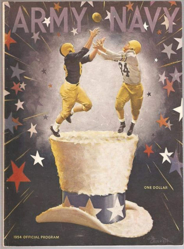 Plakat für das 1954 Army Navy Football-Programm, das zwei Spieler in gelben Uniformen und Helmen zeigt, die einen Football fangen.