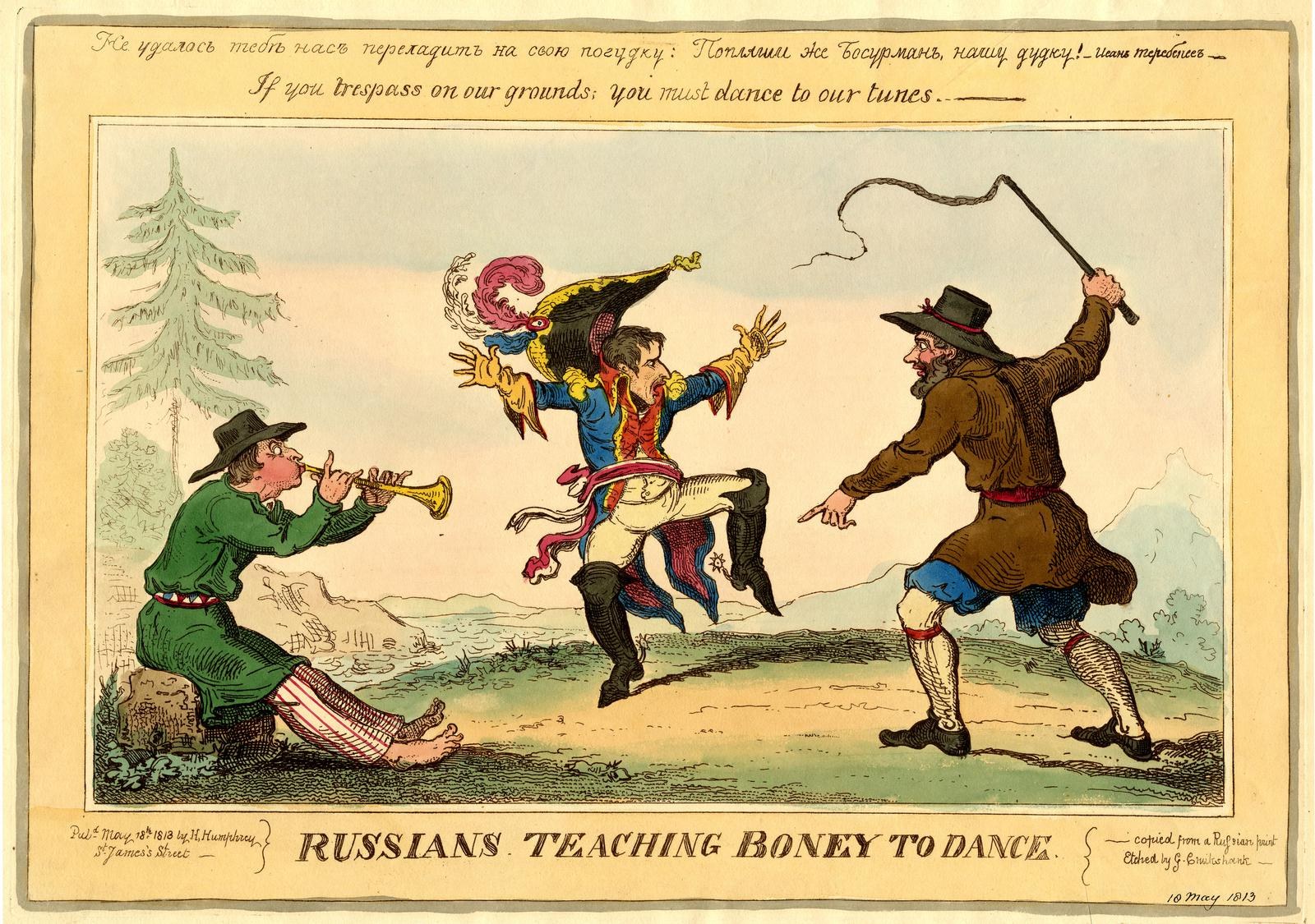 Drei Menschen im Freien, zwei mit Hüten und einer mit Musikinstrument, mit Bäumen im Hintergrund und Text 'Russen bringen Boney zum Tanzen' unten.